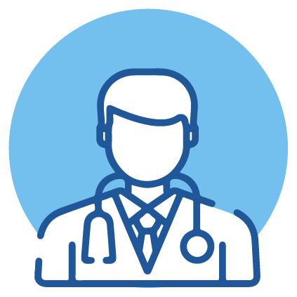 Illustration of a doctor wearing a stethoscope, depicted in a simple blue and white line art style, symbolizing accessible healthcare options like low cost colonoscopy.