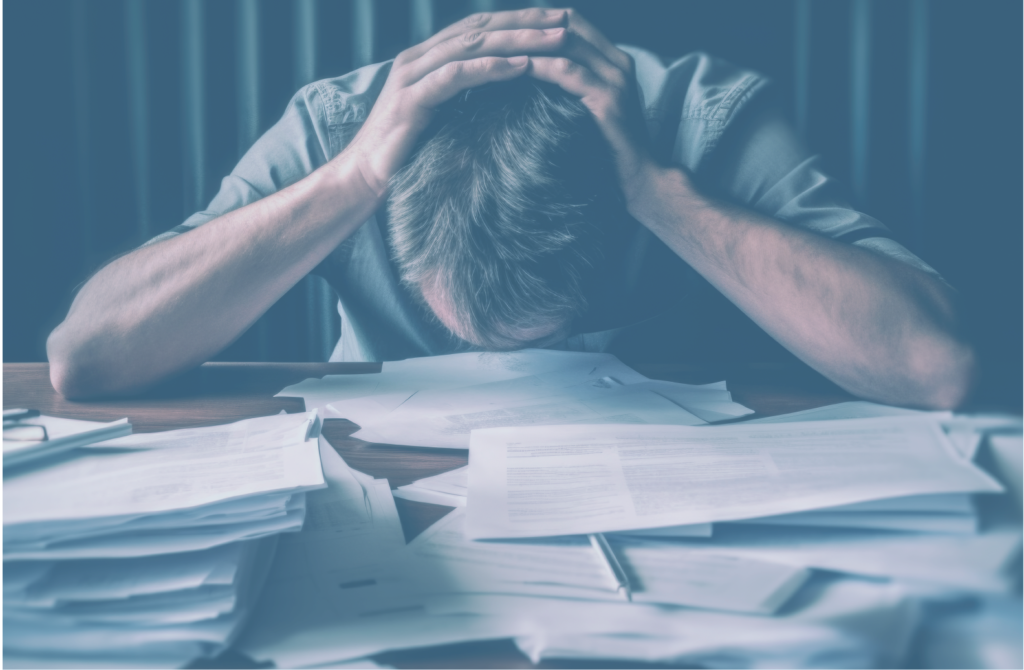 A person sits at a table, head in hands, surrounded by piles of paperwork, contemplating the benefits of a low-cost colonoscopy amidst the chaos.