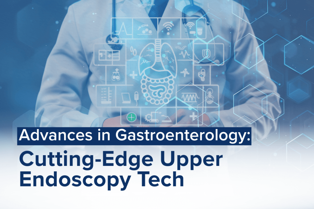 Doctor standing with holographic medical icons related to gastroenterology, highlighting advances in upper endoscopy technology.