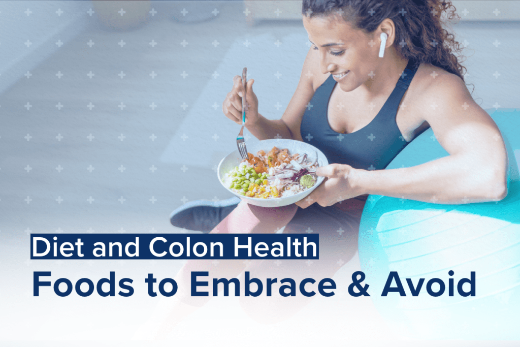 A woman eating a nutritious bowl of vegetables and grains, highlighting diet choices that promote colon health.