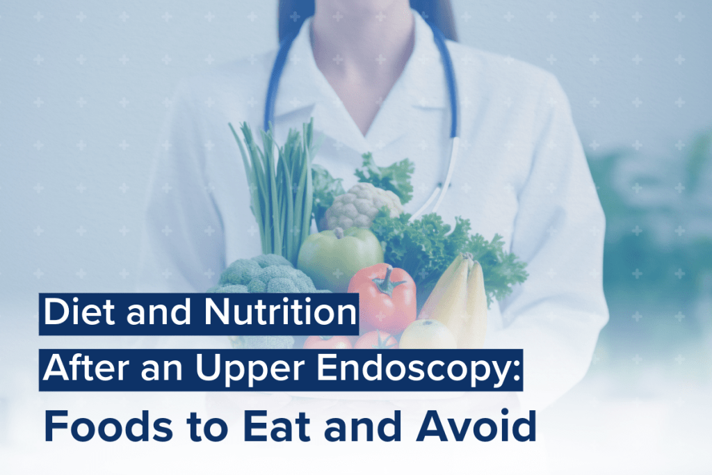 A doctor holding fresh vegetables emphasizes the importance of diet and nutrition after an upper endoscopy, guiding you on foods to eat and avoid.