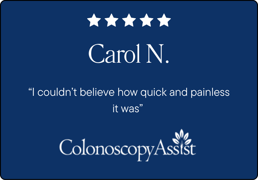 Testimonial card with five stars, a quote from Carol N. saying, I couldn’t believe how quick and painless it was, and the ColonoscopyAssist logo below.