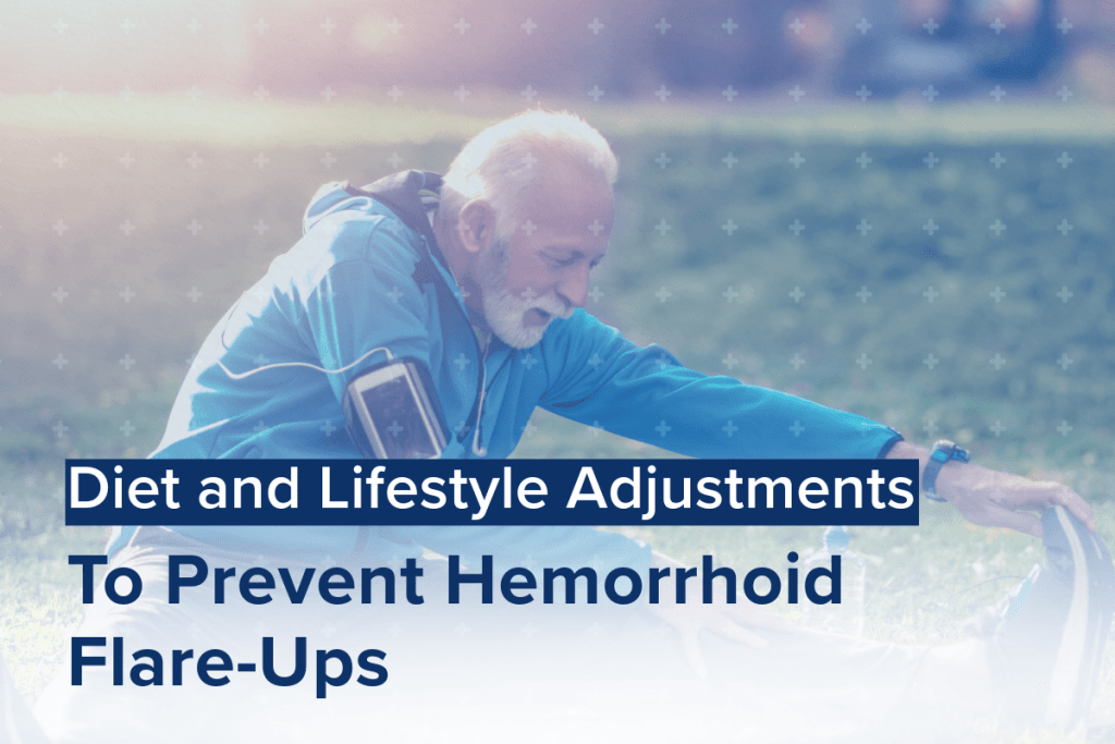 An elderly man in a park stretches his leg with text overlay: Diet and Lifestyle Adjustments to Prevent Hemorrhoid Flare-Ups.