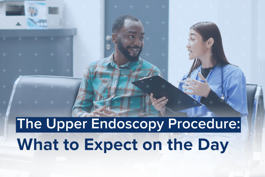 A patient and a nurse discussing details of an upper GI endoscopy procedure in a waiting area.