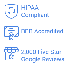 Icons highlighting key certifications and reviews for a colonoscopy service provider. The image displays "HIPAA Compliant," "BBB Accredited," and "2,000 Five-Star Google Reviews," showcasing reliability and patient trustworthiness as part of colonoscopy preparation services.