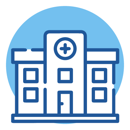 Icon of a hospital building with a cross symbol on the roof, subtly highlighting low-cost colonoscopy services, shown in white with a blue background circle.