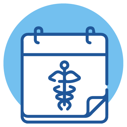 Icon of a calendar with a medical caduceus symbol on the front, against a blue circle background, symbolizes access to low-cost colonoscopy appointments.