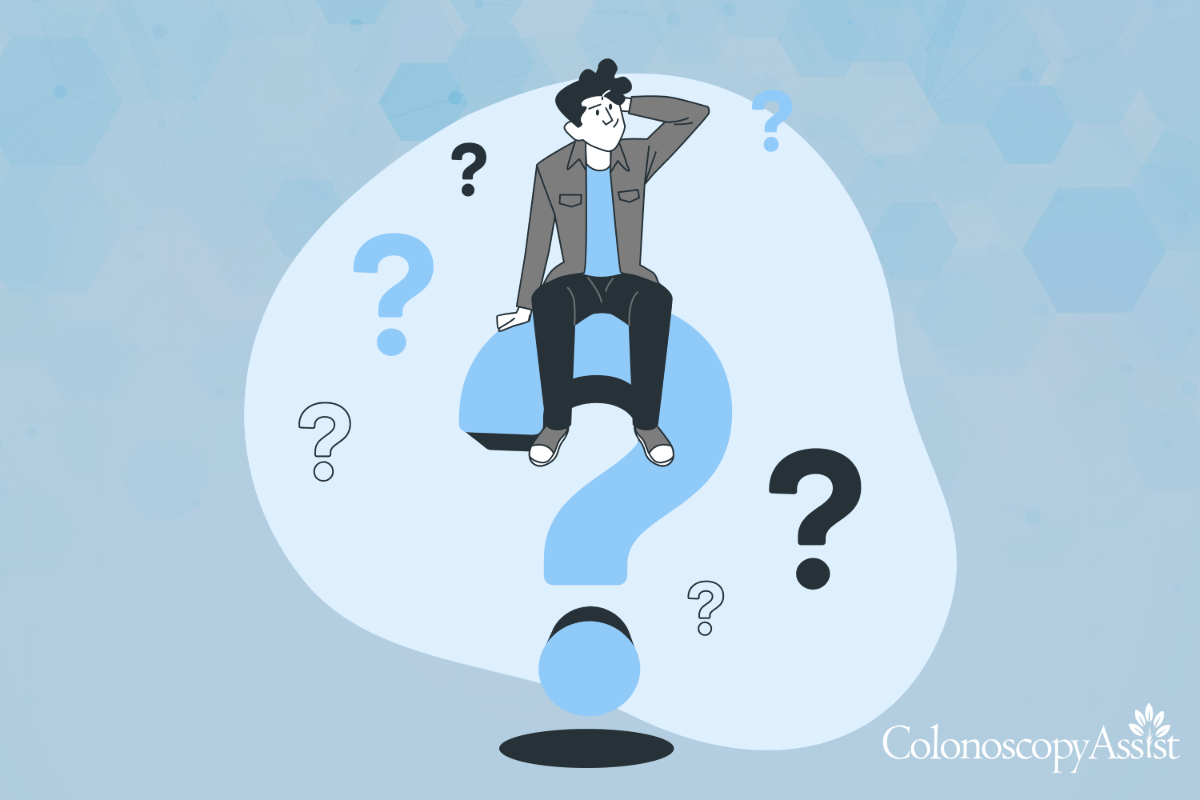 Illustration of a person sitting on a large question mark, surrounded by smaller question marks, with a puzzled expression.