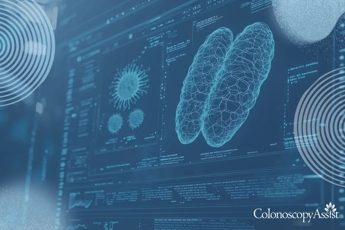 Digital screen displaying medical data and imagery, including a large DNA strand model on the right.