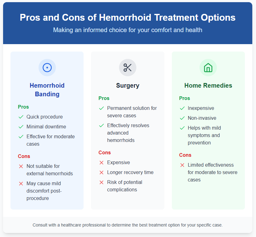 Infographic comparing hemorrhoid treatment options: Hemorrhoid Banding, Surgery, and Home Remedies. It outlines the time for hemorrhoid treatment alongside pros and cons of each method, emphasizing the importance of consulting healthcare professionals.