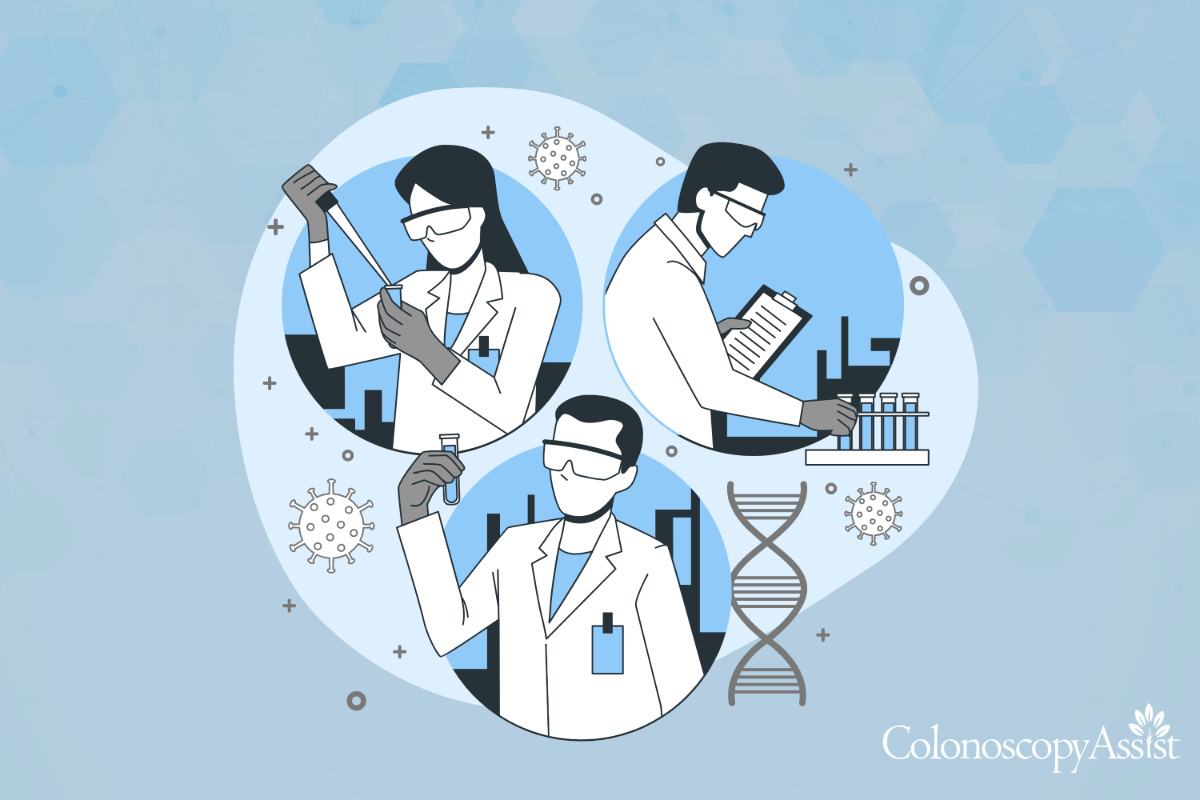 Illustration of three doctors in lab coats and goggles working with test tubes and a clipboard, surrounded by DNA symbol and virus images.