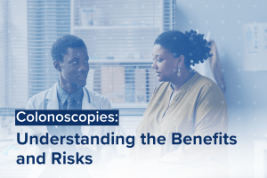 A doctor discusses colonoscopies with a patient, emphasizing the importance of understanding the benefits and risks in preventing colorectal cancer.