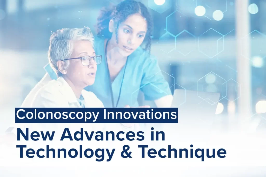 Two healthcare professionals discussing new advancements in colonoscopy technology and technique, with a digital hexagonal overlay symbolizing innovation in the medical field.