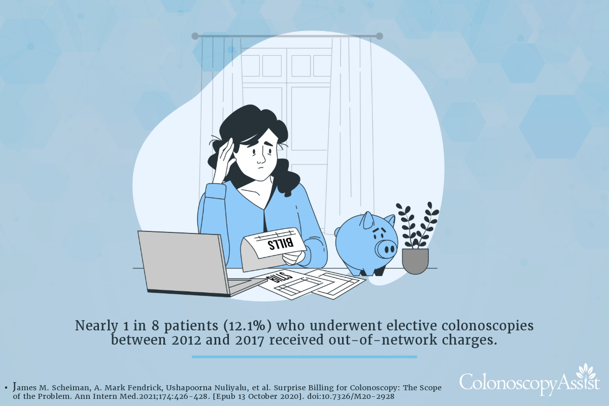 A worried woman looks at a bill while sitting at a table with a piggy bank. Caption notes the percentage of patients facing out-of-network charges for colonoscopies.