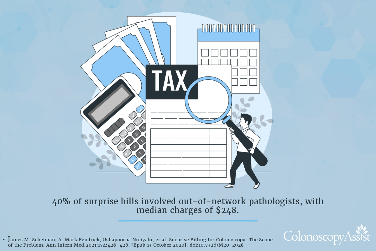 Illustration of tax documents, calculator, bill, and magnifying glass. Text below discusses surprise bills from out-of-network pathologists, with median charges of $248.