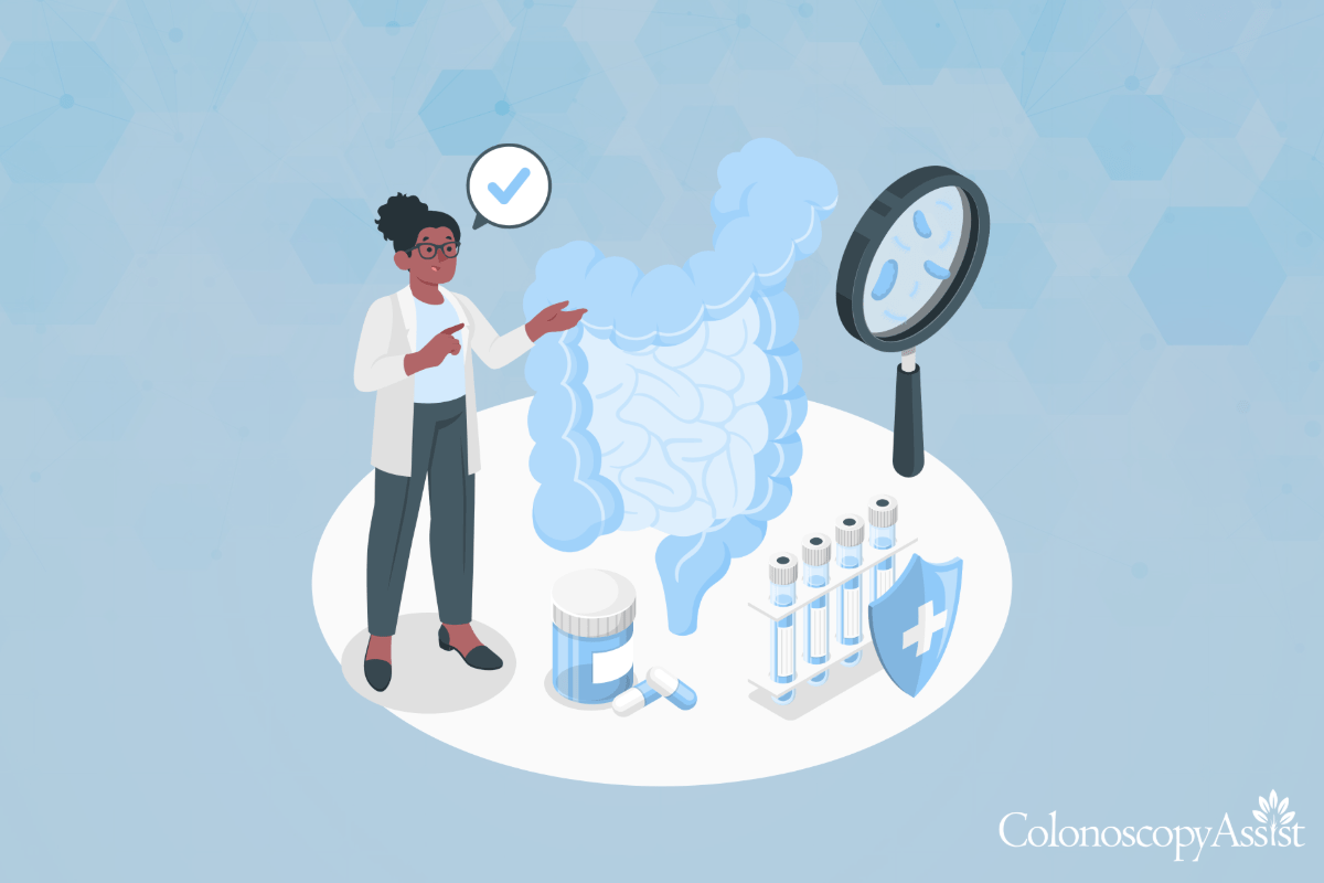 An illustration of a doctor explaining a large intestine diagram, accompanied by medical tools and an oversized magnifying glass, highlights the importance of colonoscopy prep.