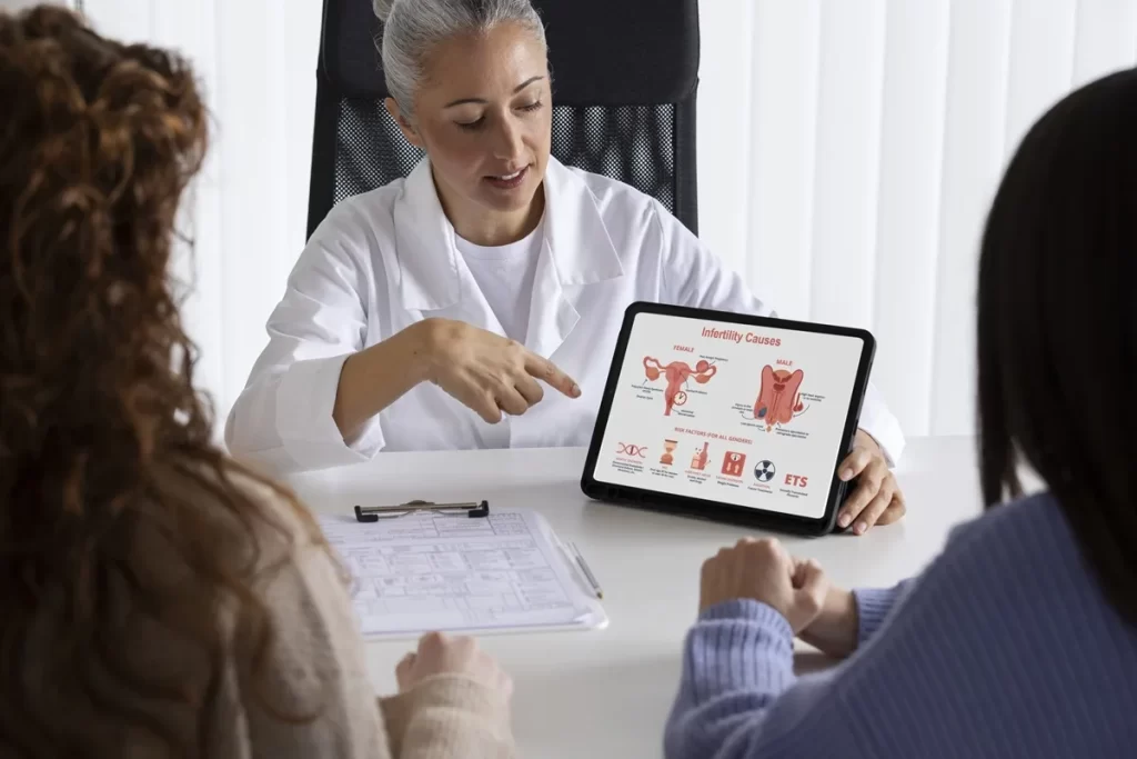 A doctor shows a tablet with female reproductive system diagrams, infertility causes, and discusses the possible role of colonoscopy during a consultation with two patients.