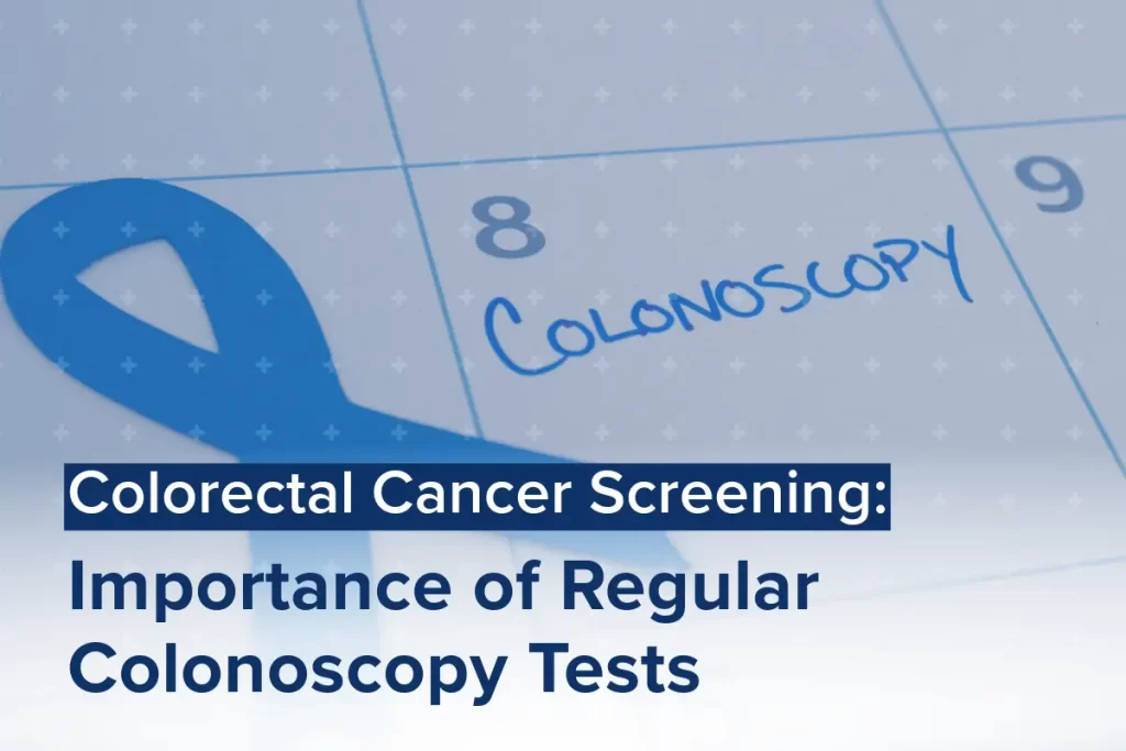 Calendar page with a blue ribbon and the word Colonoscopy written on the 8th. Text reads: Colorectal Cancer Screening: Importance of Regular Colonoscopy Tests. Start Preparing for Your Colonoscopy to ensure early detection and better health outcomes.