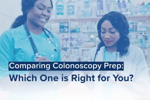 Two healthcare professionals are standing in a pharmacy, discussing options. The text reads, Comparing Colonoscopy Prep: Which One is Right for You?.