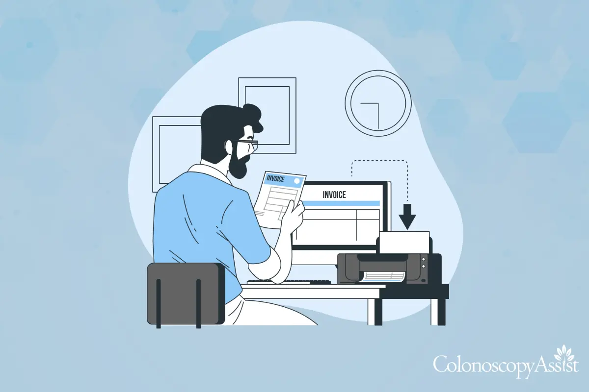 Illustration of a person at a desk, holding an invoice, working on a computer with a printer beside it. The background is light blue with abstract shapes.