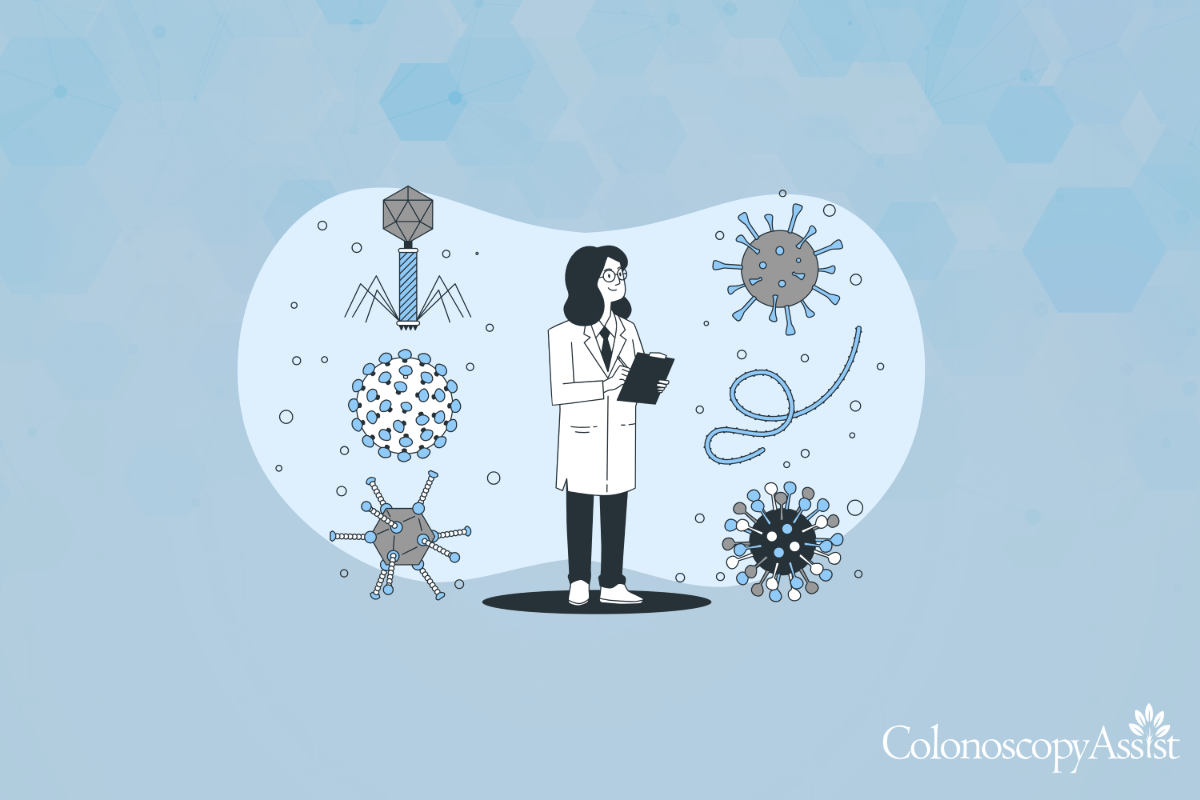 Illustration of a doctor in a medical lab coat holding a clipboard, surrounded by various virus and bacteriophage icons on a blue background.