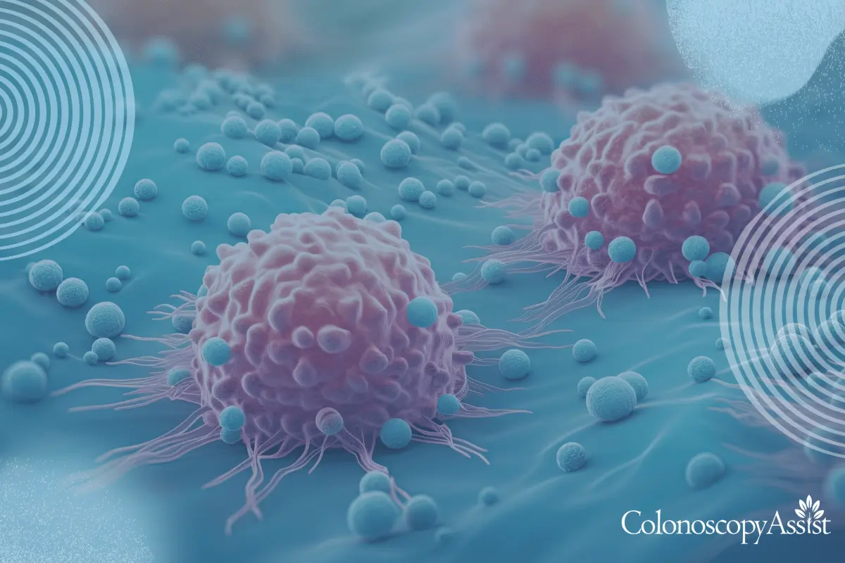 Digital illustration of cancer cells in pink and blue hues on a microscopic level, with abstract circular designs and text Colonoscopy Assist.