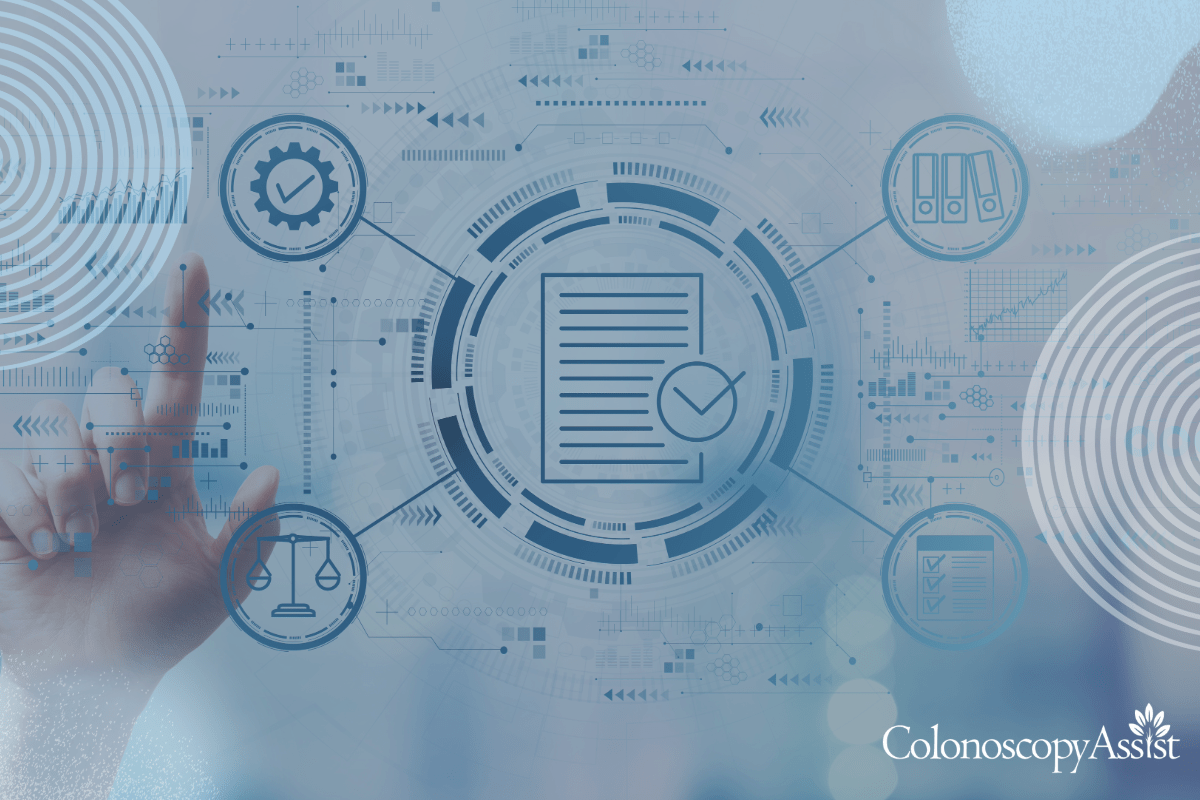 Futuristic interface with icons related to data management, including gears, folders, and scales. A hand interacts with the display. Text reads ColonoscopyAssist.