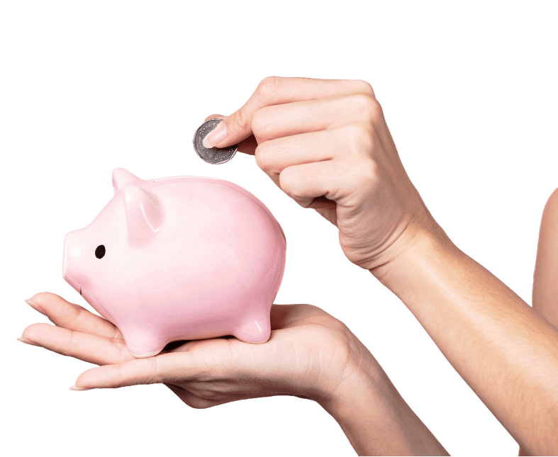 A person inserts a coin into a pink piggy bank held in one hand, saving up for important expenses like a future colonoscopy.
