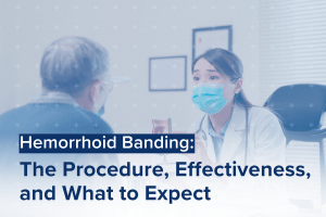 A doctor discusses hemorrhoid banding with a patient, both wearing masks. Text overlay: Discover the Procedure, Effectiveness, and What to Expect from Hemorrhoid Banding.