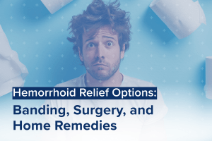 Surrounded by rolls of toilet paper, the concerned man seeks hemorrhoid relief. Text reads: Exploring Hemorrhoid Relief Options: Banding, Surgery, and Home Remedies.