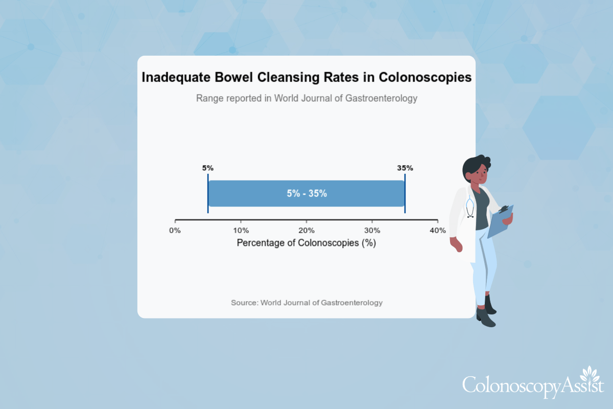 Chart titled Inadequate Bowel Cleansing Rates in Colonoscopies shows a range of 5%-35%. A person stands to the right, holding a tablet, likely reviewing colonoscopy prep guidelines to improve these rates.