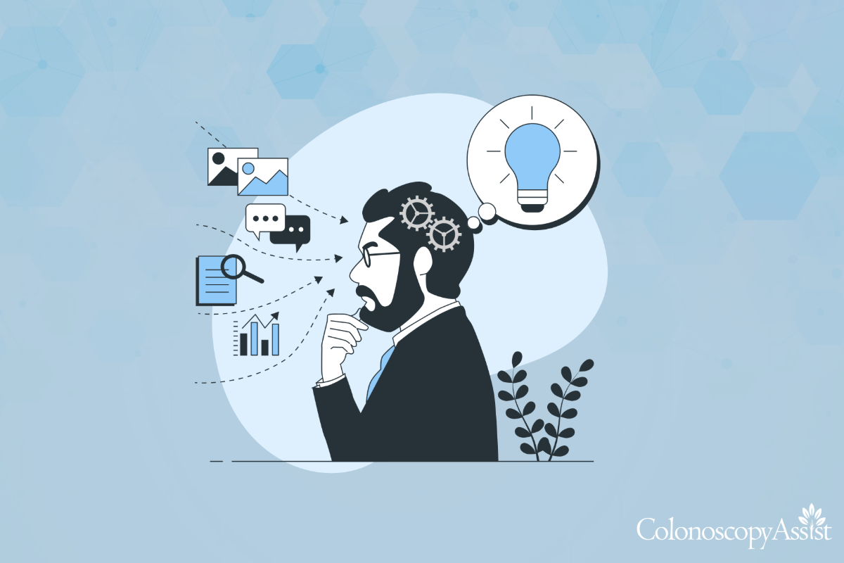 Illustration of a person pondering, surrounded by icons like a light bulb, documents, and charts. Chat bubbles float by as they contemplate. Background features abstract shapes, small plant elements, and hints of colonoscopy anesthesia equipment subtly integrated into the design.