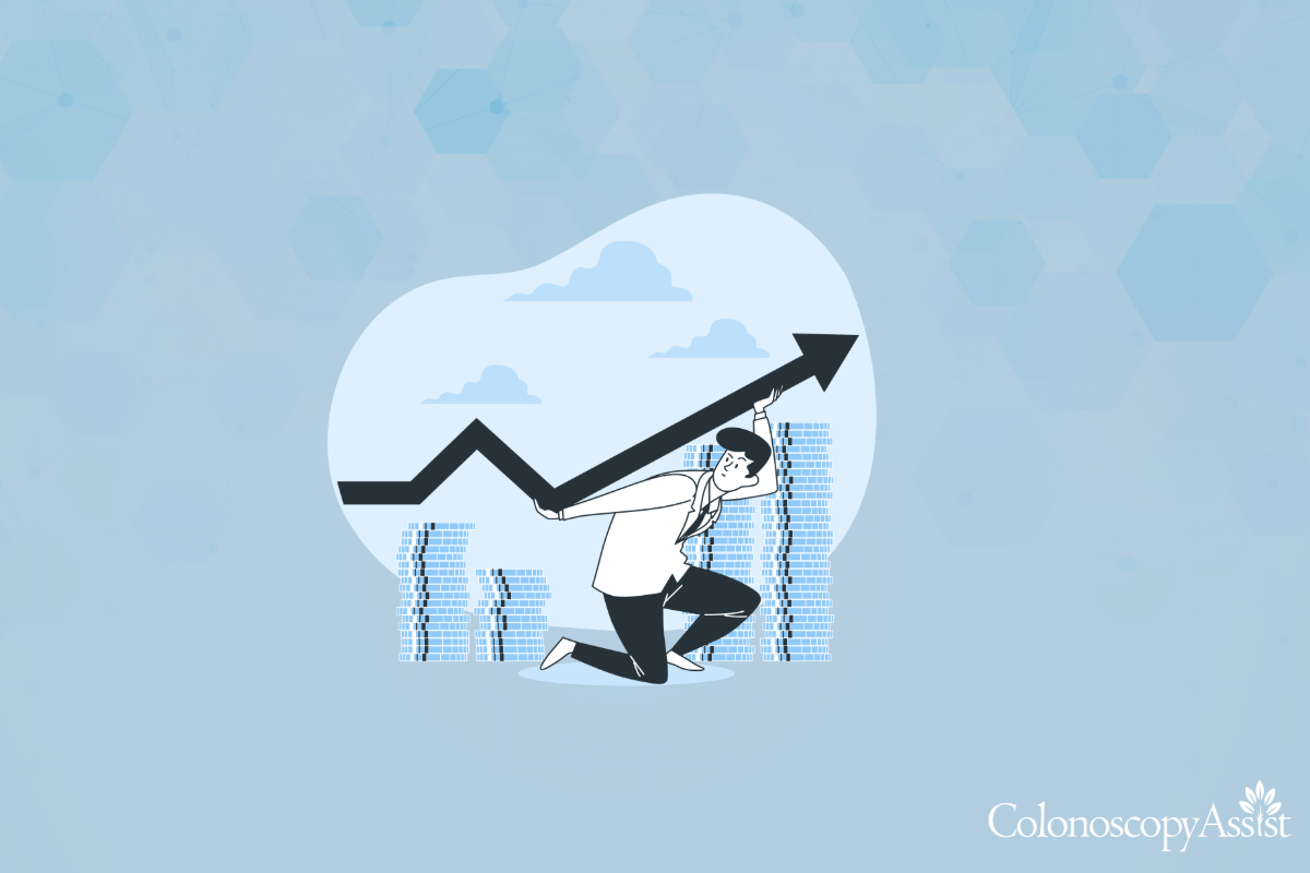 Illustration of a person lifting a rising graph line in front of tall stacks of coins, with a cloudy sky background. ColonoscopyAssist is in the bottom right corner.