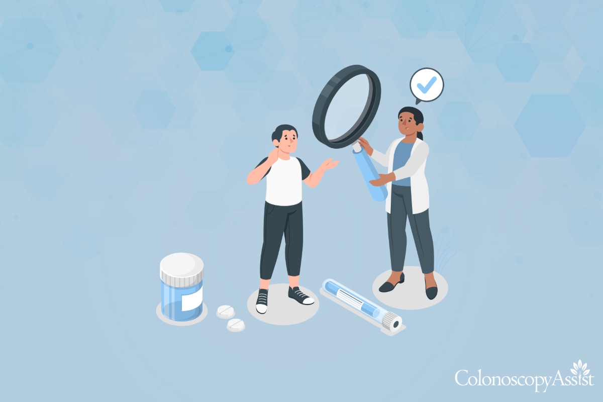 Two people examine a large colonoscope with a magnifying glass, amid pills, a bottle, and a checklist marked complete—a reassuring scene embodying careful colonoscopy prep. A light blue background with hexagonal patterns adds to the clinical yet calming atmosphere.