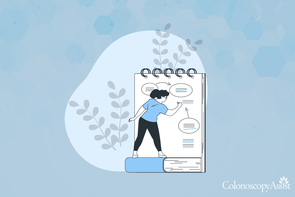 Illustration of a person standing on a book, pointing to a large notepad with text and speech bubbles about self-pay pricing, set against a blue background with leaf motifs.