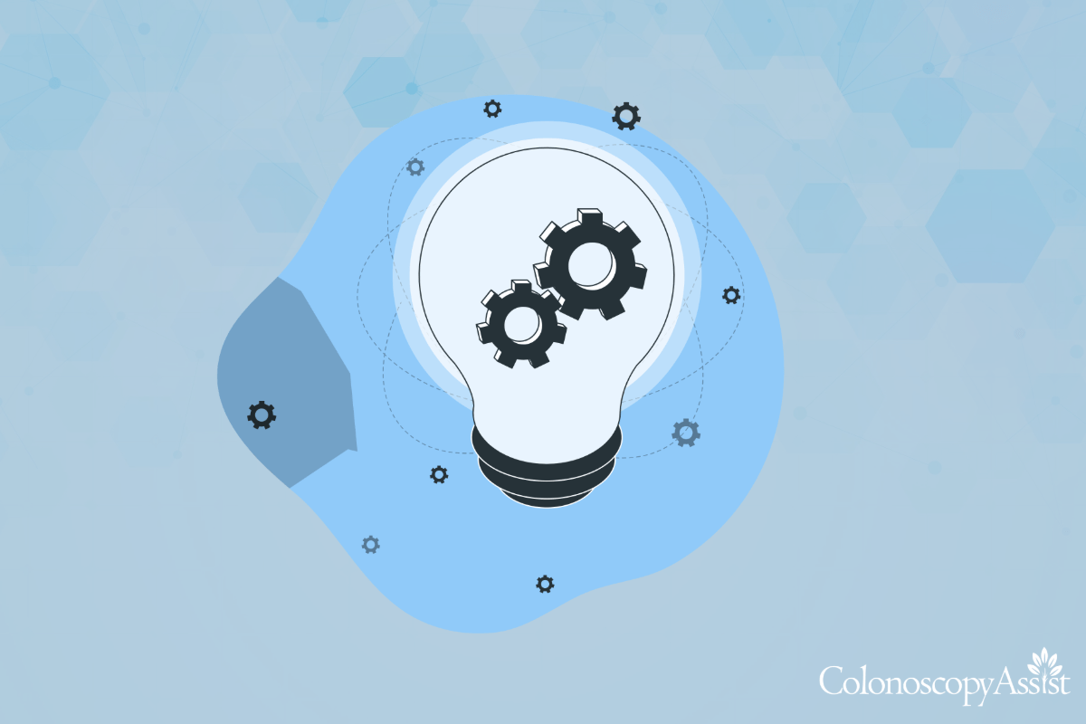 Illustration of a light bulb with gears inside, symbolizing ideas and innovation, set against a blue abstract background that evokes the precision and focus required in procedures like colonoscopy anesthesia.