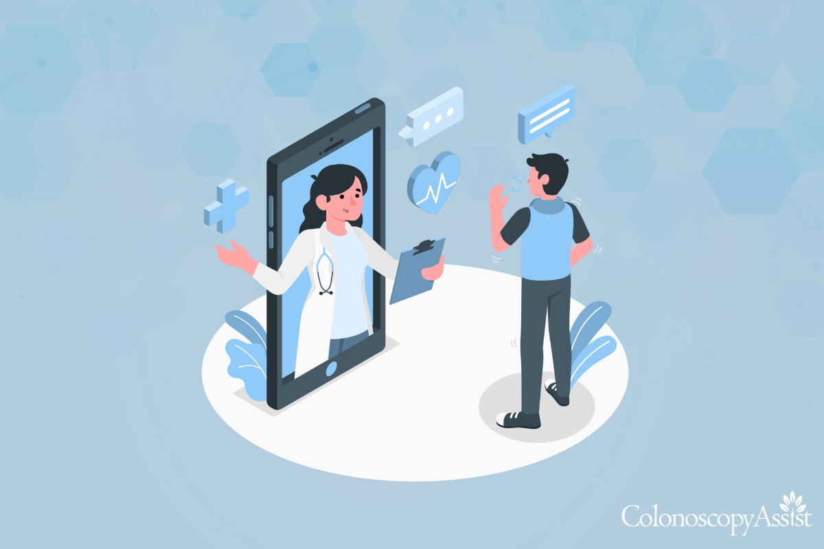 Illustration of a virtual medical consultation with a doctor emerging from a smartphone screen, engaging with a male patient—discussing topics like anesthesia for colonoscopies, emphasizing modern healthcare solutions.