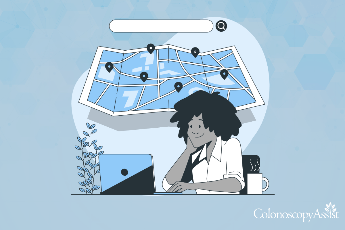 Illustration of a person at a desk with a laptop, map with marked locations above, search bar, plant, and coffee mug.