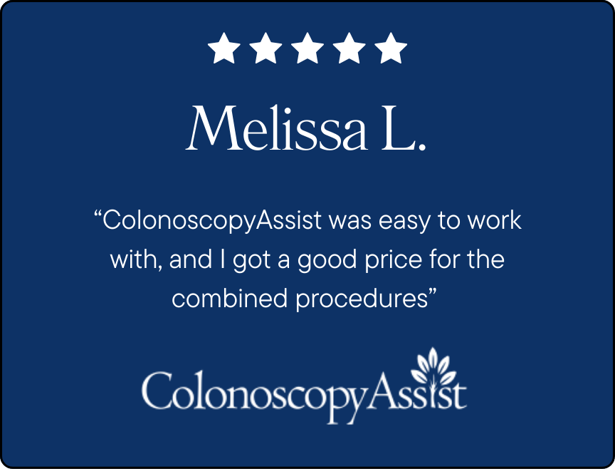 A testimonial from Melissa L. praising ColonoscopyAssist for ease and good pricing, with a five-star rating above the text.