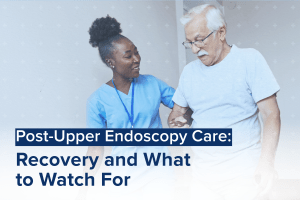 A nurse assisting an elderly man during recovery, representing post-upper endoscopy care.