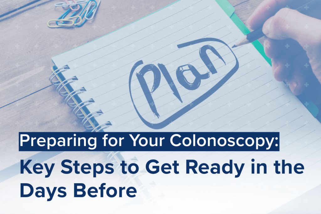 Notebook with Plan written inside a circle, surrounded by paperclips. Text overlay: Essential Steps: Preparing for Your Colonoscopy—Get Ready in the Days Before.