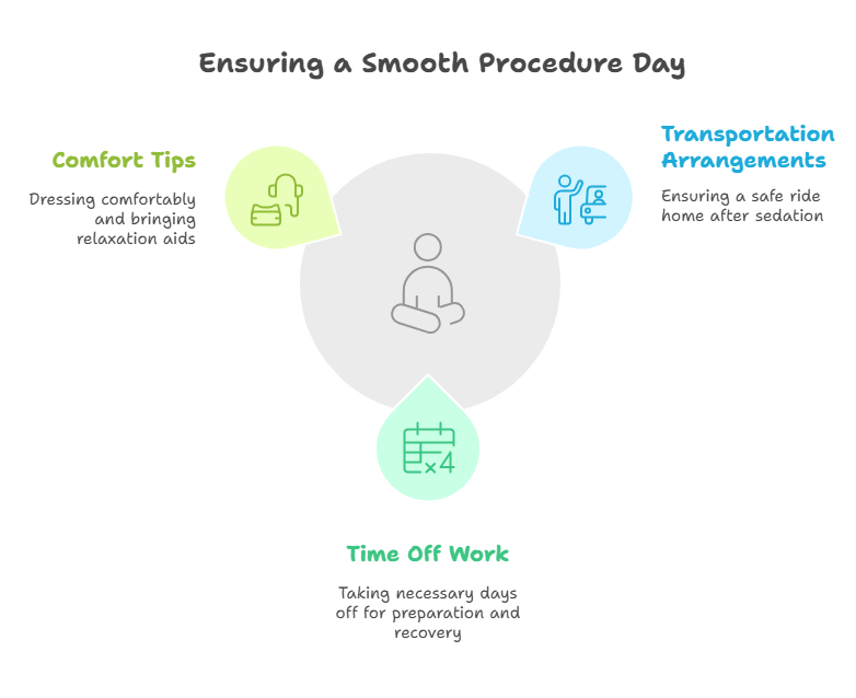 Diagram titled Ensuring a Smooth Procedure Day showing Comfort Tips, Transportation Arrangements, and Time Off Work as key points around a central image of a person meditating.