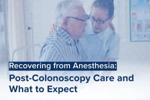 An elderly person in a striped shirt receives attentive colonoscopy care from a nurse. Text reads: Recovering from Anesthesia: Post-Colonoscopy Care and What to Expect.