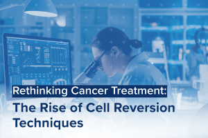 A scientist in a lab coat examines samples under a microscope, while a computer screen displays data. Text reads: Rethinking Cancer Treatment: The Rise of Cell Reversion Techniques in innovative cancer treatment strategies.