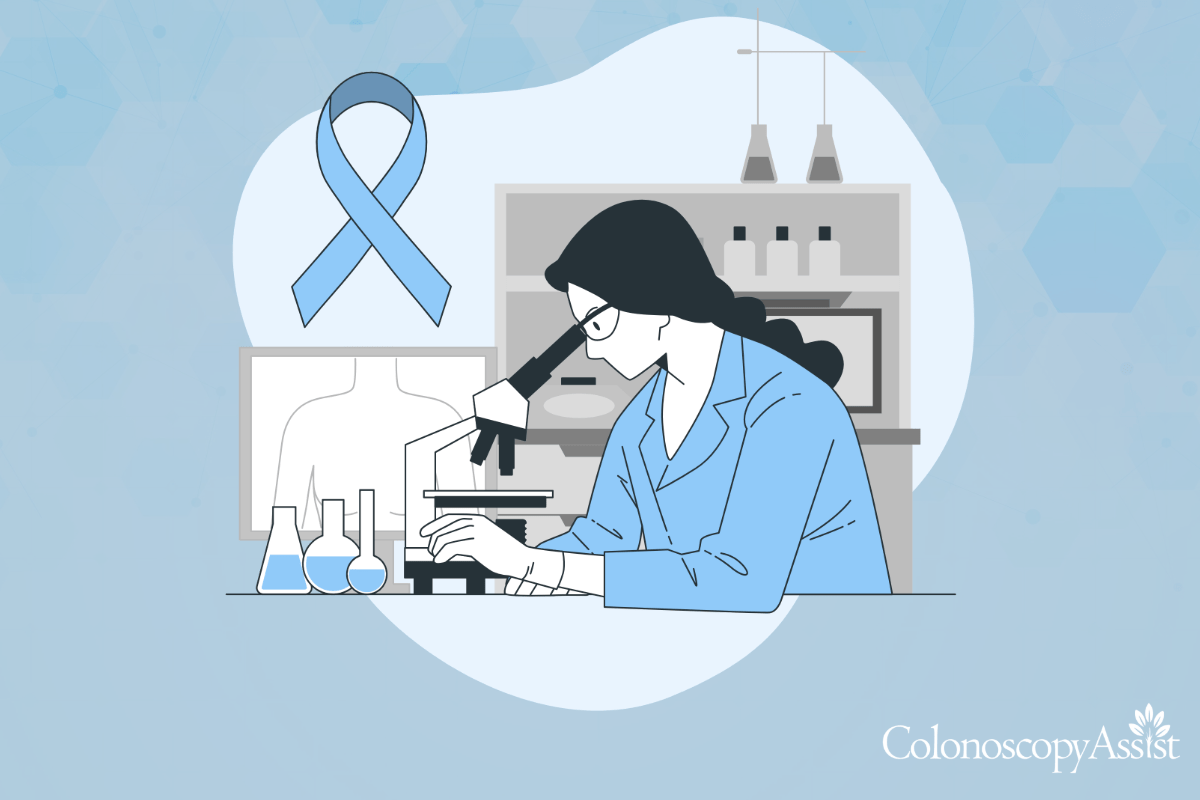 Illustration of a scientist in a lab coat using a microscope, with test tubes and a blue awareness ribbon in the background.