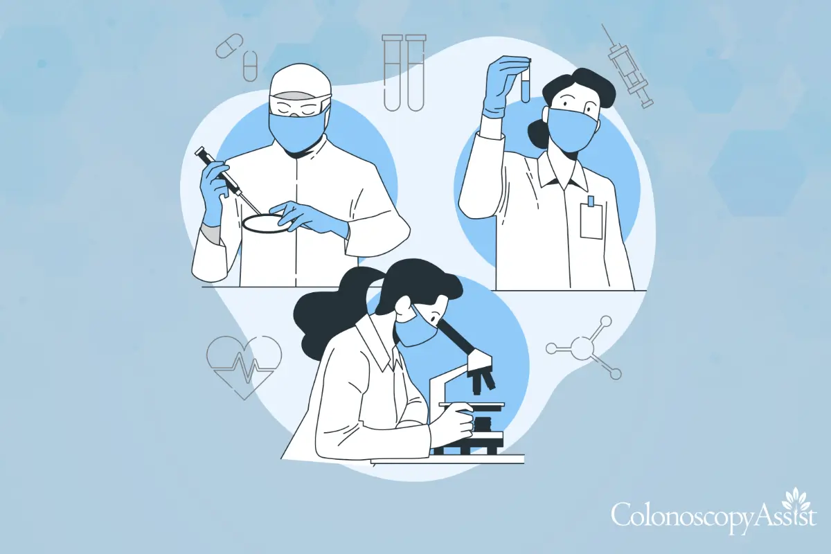 Illustration of three scientists in lab coats and masks conducting experiments, using test tubes and microscopes.