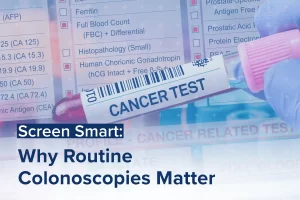 A test tube labeled Cancer Test is held above a medical report. Text reads: Screen Smart: Why Regular Colonoscopy Screenings Matter.