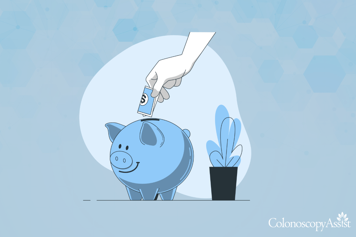 An illustration depicts a hand easing a money bill into a blue piggy bank, with a small plant nearby, symbolizing growth and calmness. Just as anesthesia eases anxiety during procedures, saving offers peace of mind for the future.