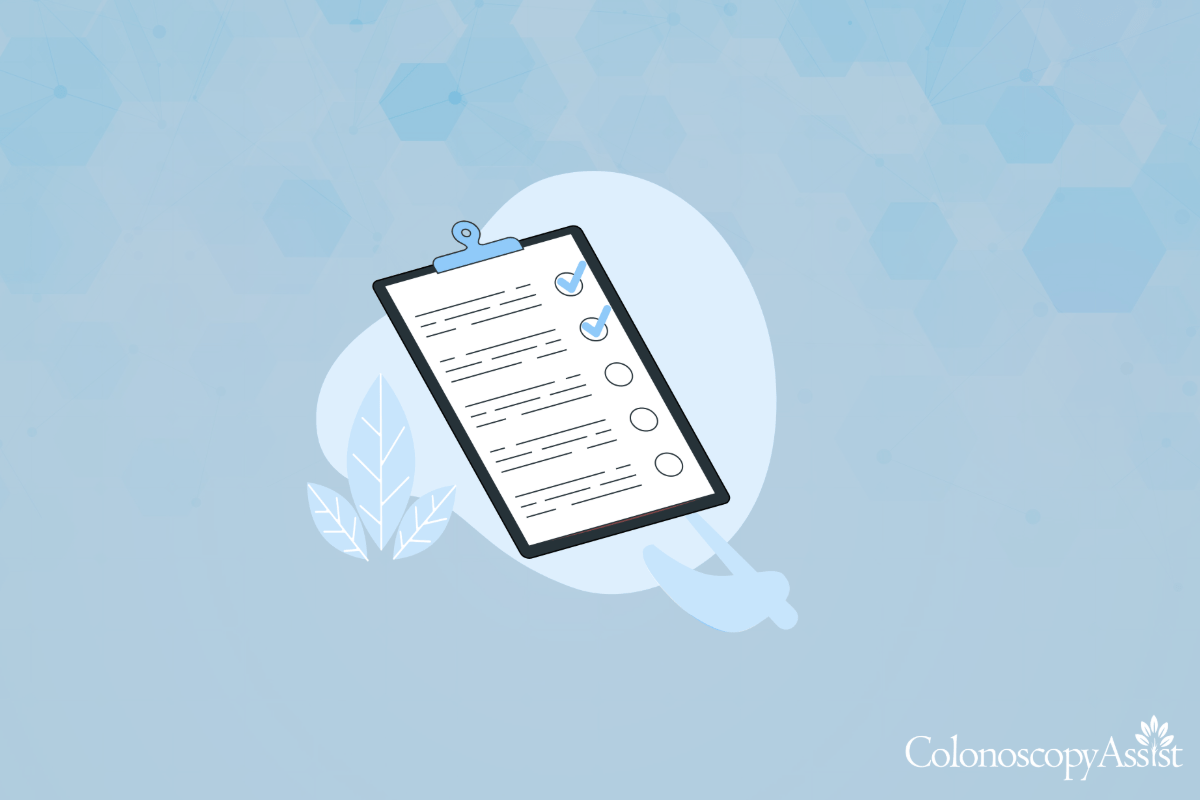 Illustration of a checklist on a clipboard with two items checked, hinting at the importance of colonoscopy preparation. The background features abstract geometric shapes and two leaf designs, while ColonoscopyAssist is subtly noted in the corner.