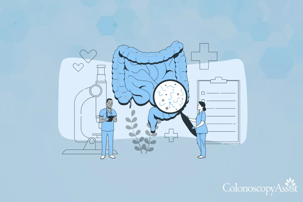 Illustration of two healthcare professionals examining a colon with a magnifying glass, surrounded by medical symbols and a microscope.